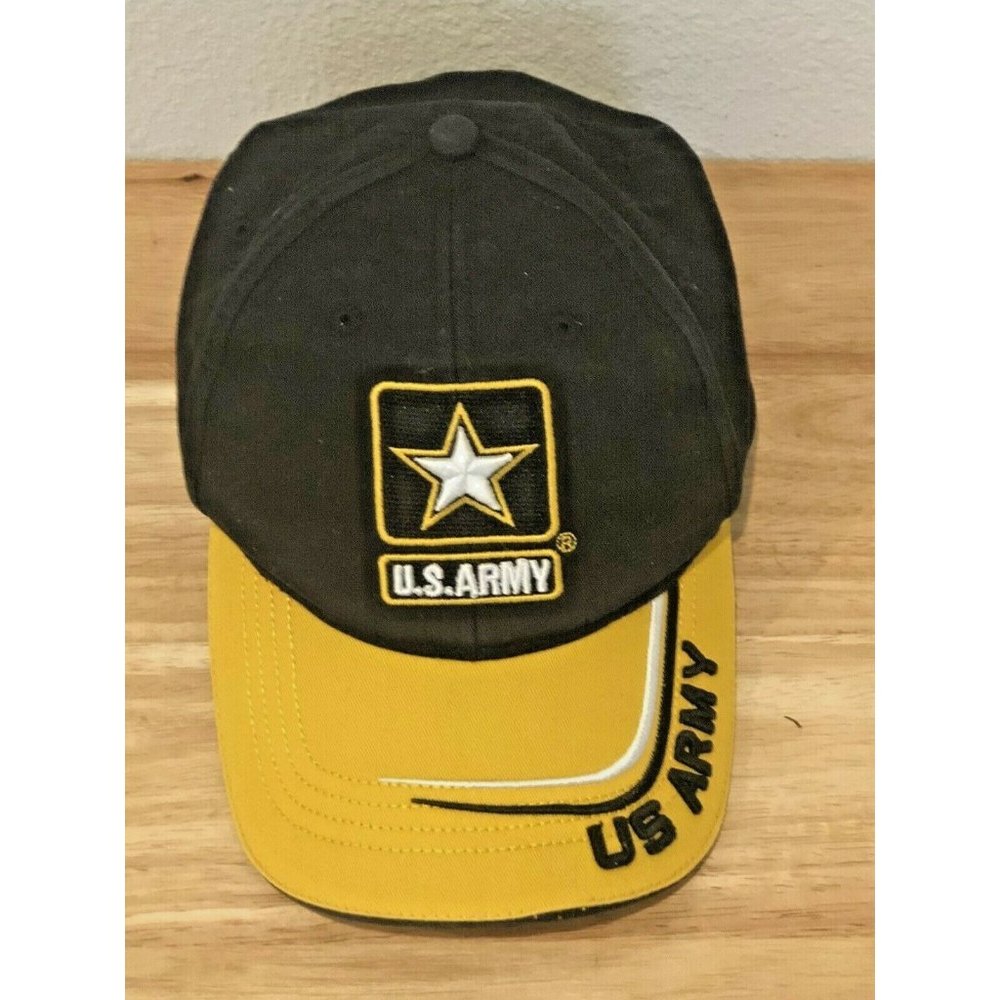 US ARMY STRONG MILITARY STAR LOGO EMBOSSED BLACK & GOLD ADJUSTABLE BASEBALL CAP